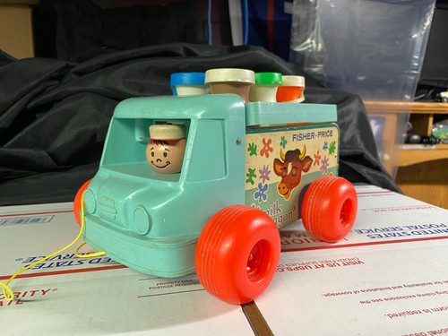 Vintage 1965 Fisher Price Milk Wagon #131 Pull Toy With Crate and Jugs