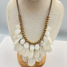 Vintage Boho White Milk Glass Teardrop Bib Necklace Antique Brass Tone Statement