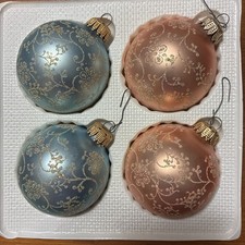 Vtg Box (4) Christmas By Krebs Peach and Pale Blue Glitter Floral Ball Ornaments