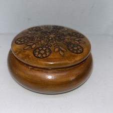 Wooden Hand Turned  Carved Bowl with Lid Floral Carved Details Trinket Dish