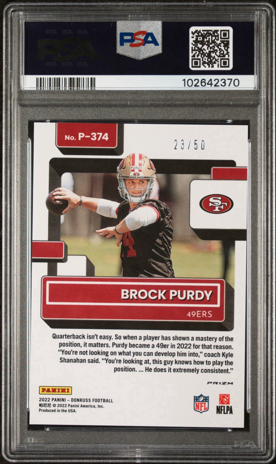 2022 Panini Donruss - Brock Purdy #P-374 Optic Preview Purple Prizm /50 PSA 9 view 2