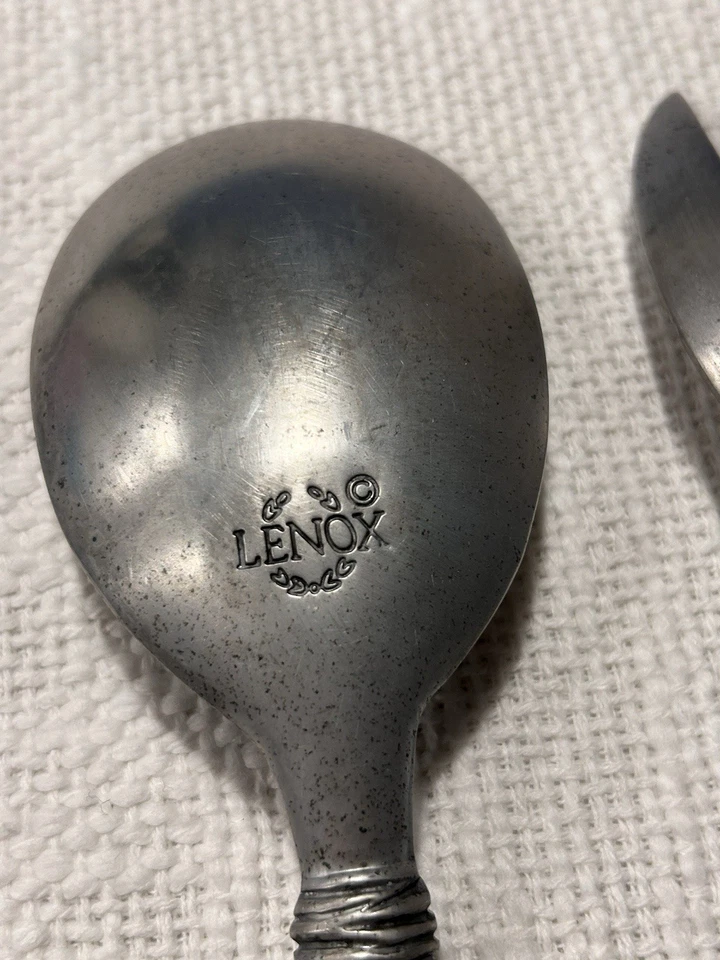 LENOX Metal Serving Spoon And Fork Set Detail Handles Bamboo Twist Matte - Image 3 of 4