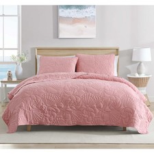 Full/Queen Outlined Shell 3Piece Quilt Set, Coastal Beach Design Bedding, Coral