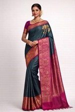 Soft Silk Saree Blue with Rani Pink Embroidered Brocade unstitched Blouse