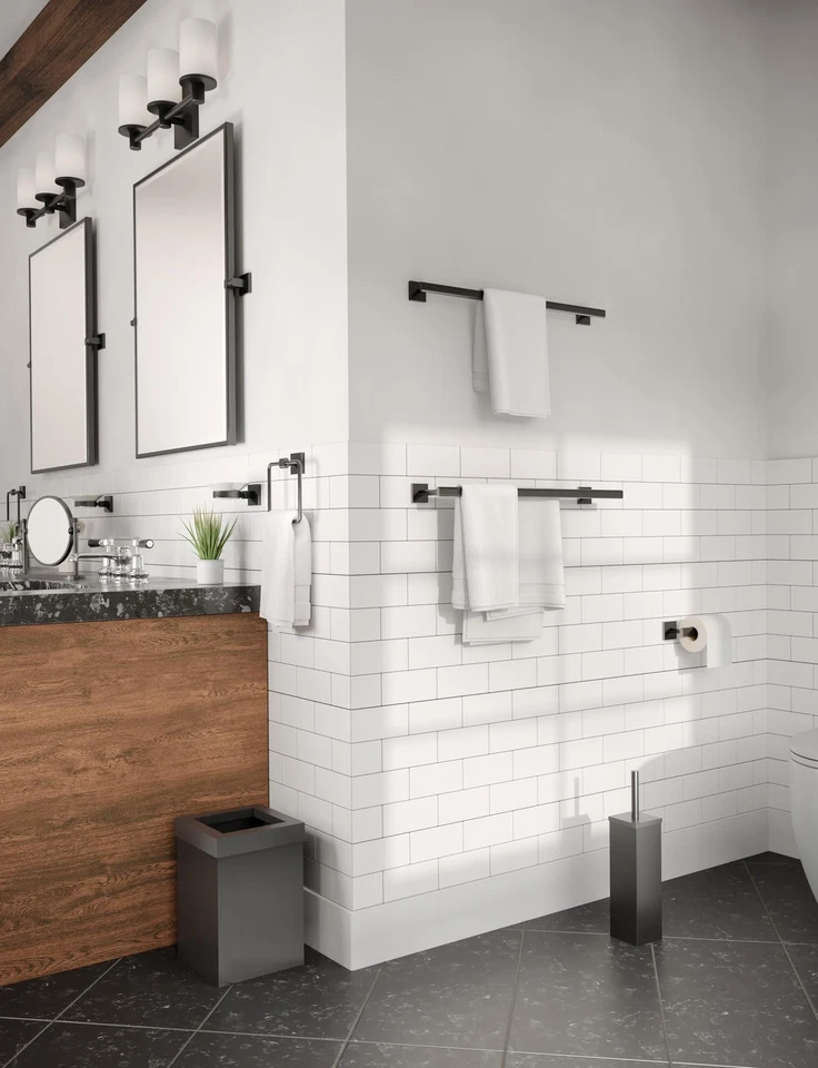 Moderno Juego de Cesta de Residuos Cuadrada y Cepillo de Inodoro, Negro Mate - Acero Inoxidable... Foto 3 de 4