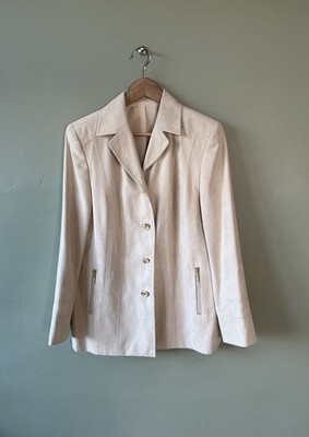 Faux Suede Blazer Jacket Size 12 Cream Beige Button Up Vintage Classy Chic VGC