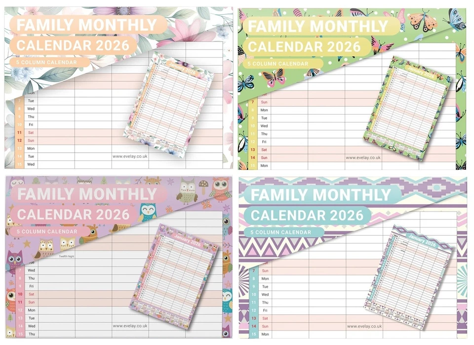 EVELAY LTD 2026 Calendar Large Month to View Family Home Planner 5 Columns Wall Organiser