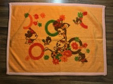 VTG Orange Plush Baby Blanket Light Pink Border Animals Flowers 32in 44in