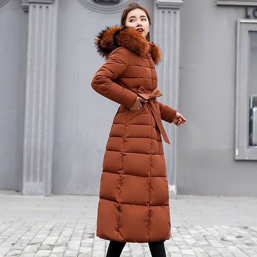 Damen Parka Winter Lang Baumwolle Jacke Knie Mantel Schmal Warm Kapuze Fell Oberbekleidung - Bild 12 von 13