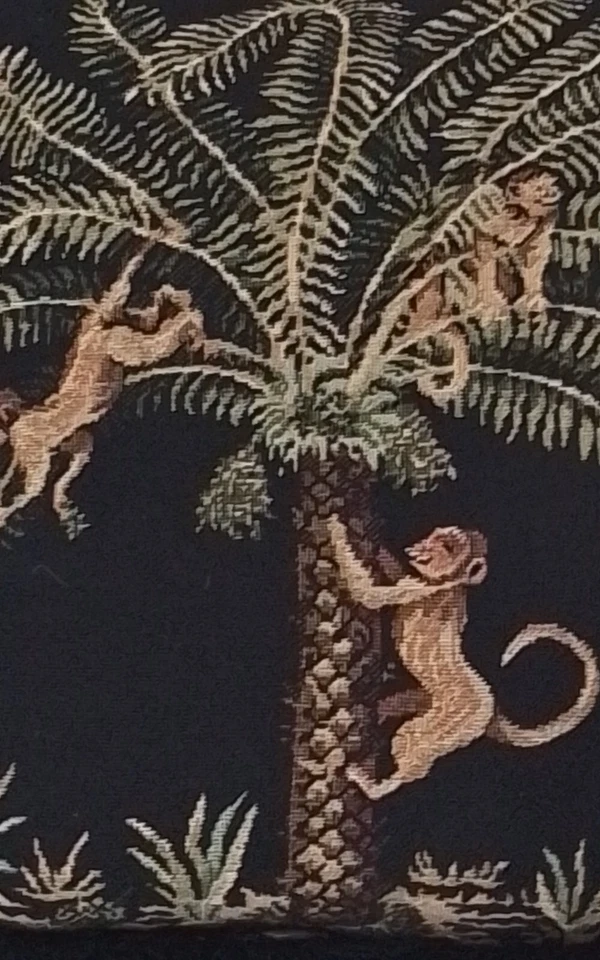 Pair Throw Pillows Monkeys Tapestry Palm Tree 16’’x16’’x5” Black Fringe - Image 4 of 4
