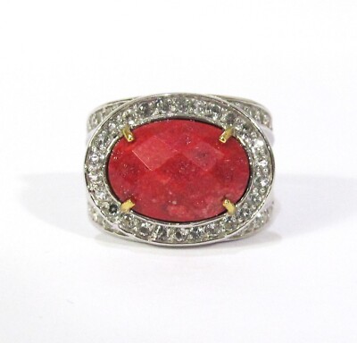 JOYA Judy Crowell Red Coral & White Topaz East-West Gold Accent Halo Ring size 7
