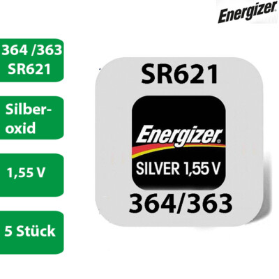 5 x Energizer 364 / 363 Uhrenbatterien 1,55 V SR621SW SR621W AG1 Knopfzelle