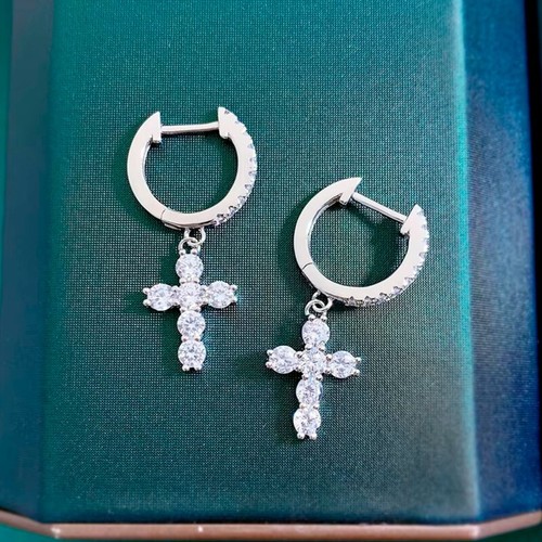 D VVS1 Real Moissanite Cross Drop Dangle Hoop Earrings 925 Sterling Silver W/GRA - Picture 4 of 16