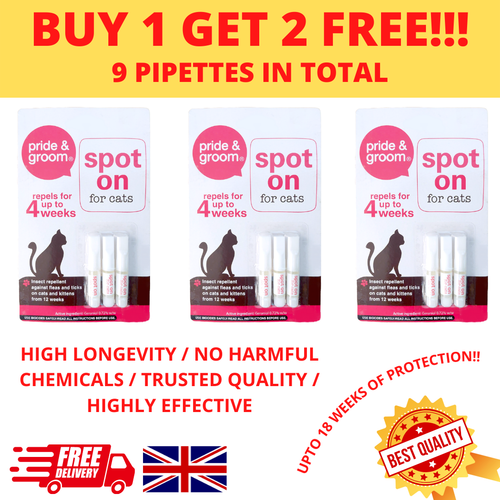 3 pack 9 pipettes Spot On Flea Tick Lice Treatment for cats High