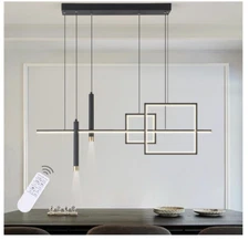 Modern LED Chandelier Lighting Dimmable Linear Black Pendant Squares 39" Dining