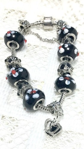 Murano Charm bracelet with Crown, flower on the beads - Picture 2 of 6