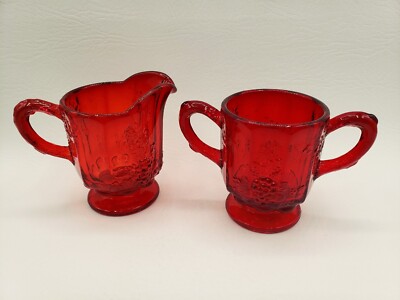 Westmoreland Ruby Red Amberina Paneled Grapes Cream & Sugar Set Vintage, Glows 