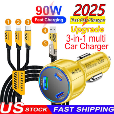 90W Doub USB-C PD Fast Car Charger 3-In-2 Super Fast Cable For Cell Phone iPad