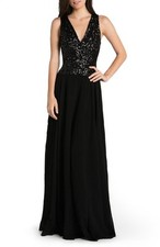 Dress the Population Caroline Sequin & Chiffon Black Ball Gown Dress L L41108