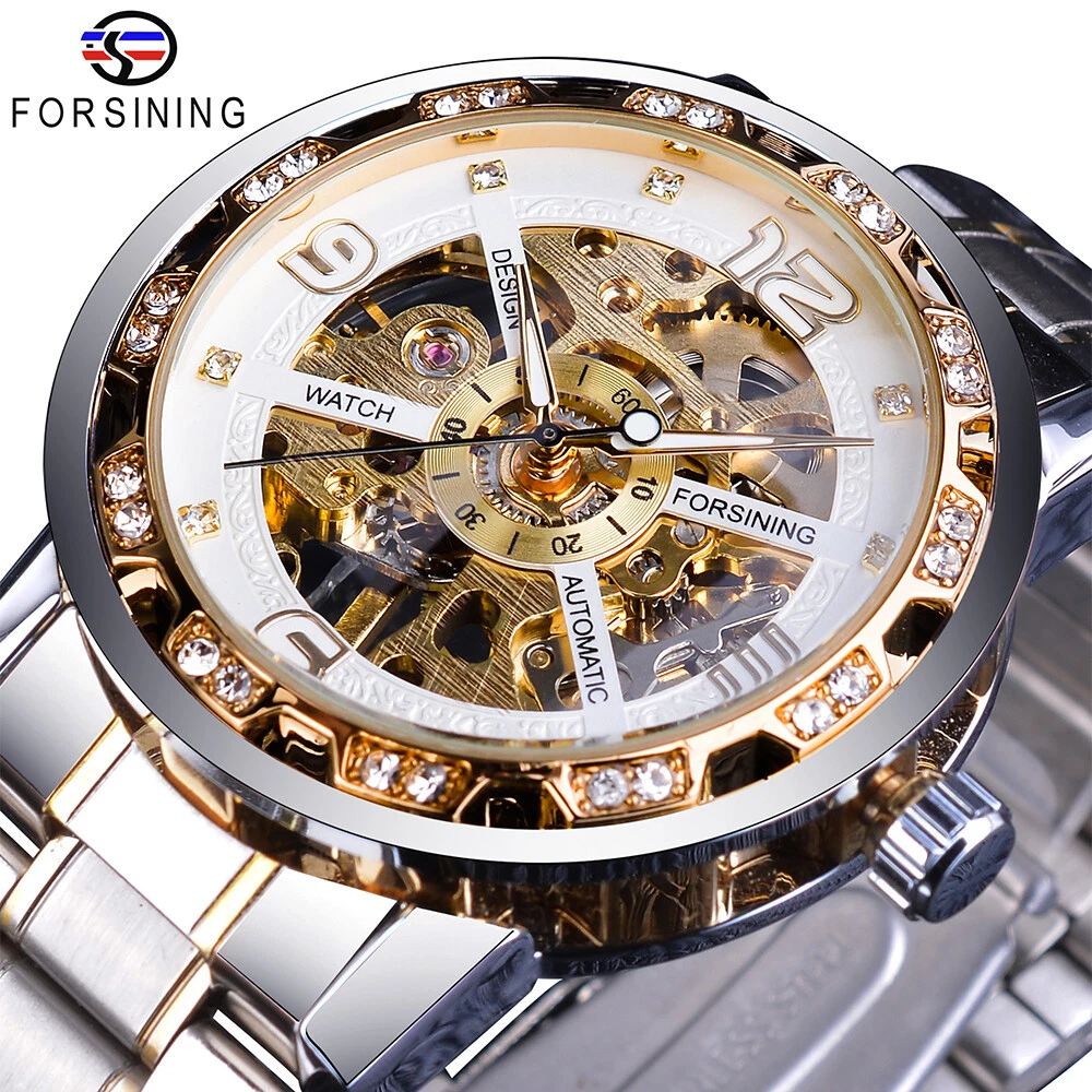 FORSINING Montre Bracelet pour Hommes Luxe Acier Inox Squelette Montre  Mécanique