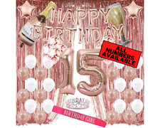 15th Birthday Rose Gold Decorations - 40" Number Balloons, Foil Curtains  More
