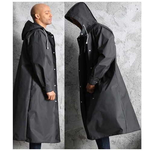 Men Waterproof Long Raincoat Rain Coat Hooded Trench Jacket Outdoor Hiking Black - Picture 12 of 27