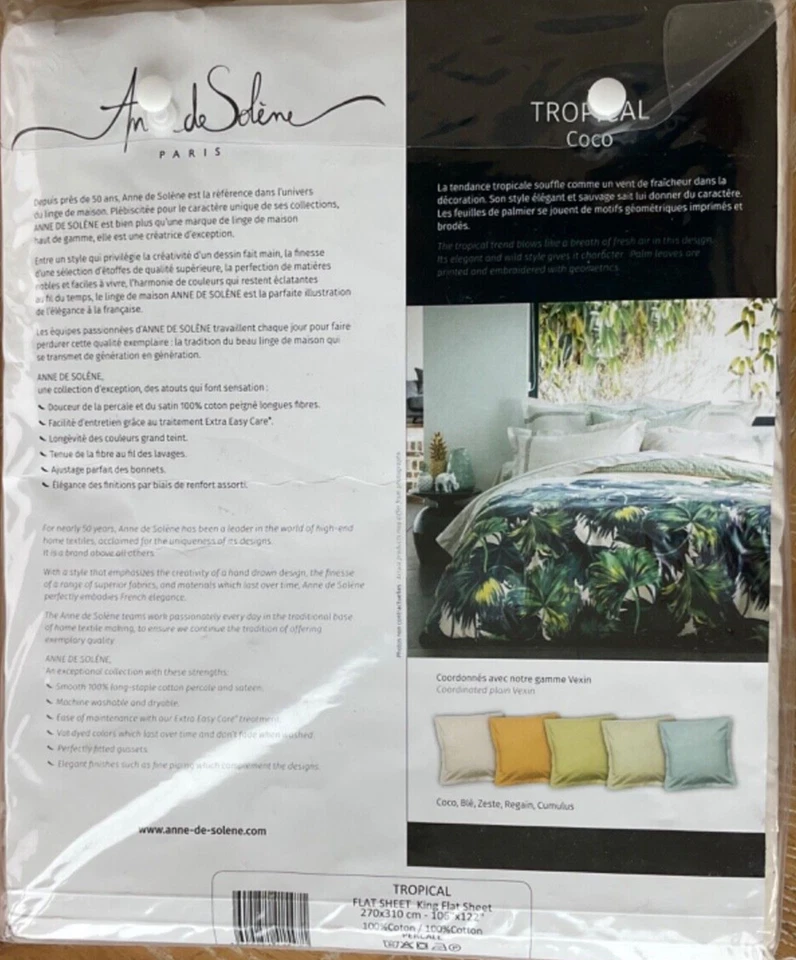 ANNE de SOLENE Paris~SÁBANA PLANA 1 REY~TROPICAL~100% algodón PERCAL~beige~NUEVA CON ETIQUETAS~ Foto 3 de 4