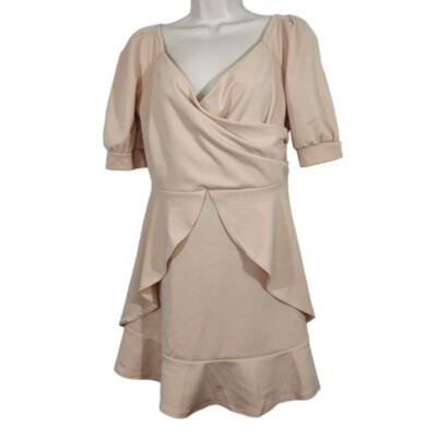 boohoo beige dress Boohoo Beige Surplice V-neck Mini Dress Women Size 16 Short Sleeve FLAW