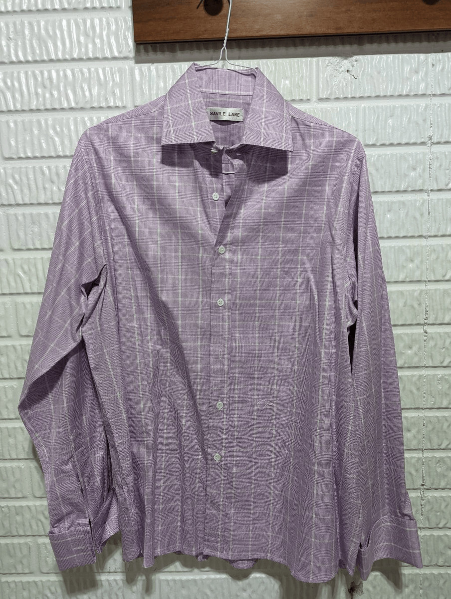 Savile Lane Men's White & Lavender Plaid Button-Down French Cuff Shirt Size XL