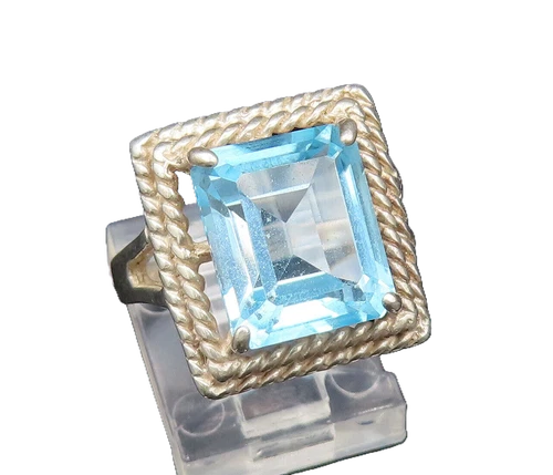 925 Silver  Vintage Double Twisted Rope Border Blue Topaz Ring Sz 8  RG25400