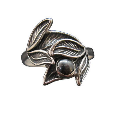 925 Silver Ring Ladies Leaves with Hematite 17mm Handmade Size 46-69 Natural