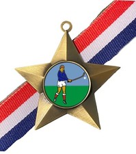 Male Shinty Award Personalised Antique Gold Star Medal & Ribbon