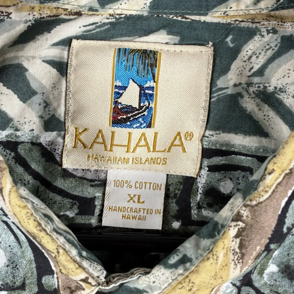 Kahala Hawaiian Islands Shirt XL Green Yellow Abstract Print Short Sleeve Cotton - Image 4 of 4
