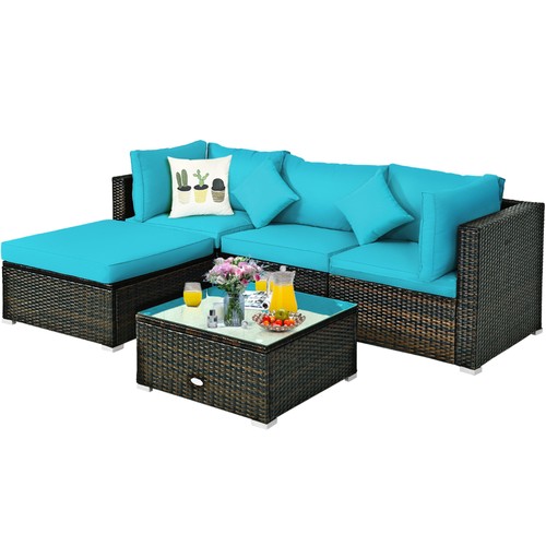 5PCS Rattan Patio Conversation Set Outdoor Furniture Set w/ Ottoman Turquoise - Picture 8 of 10
