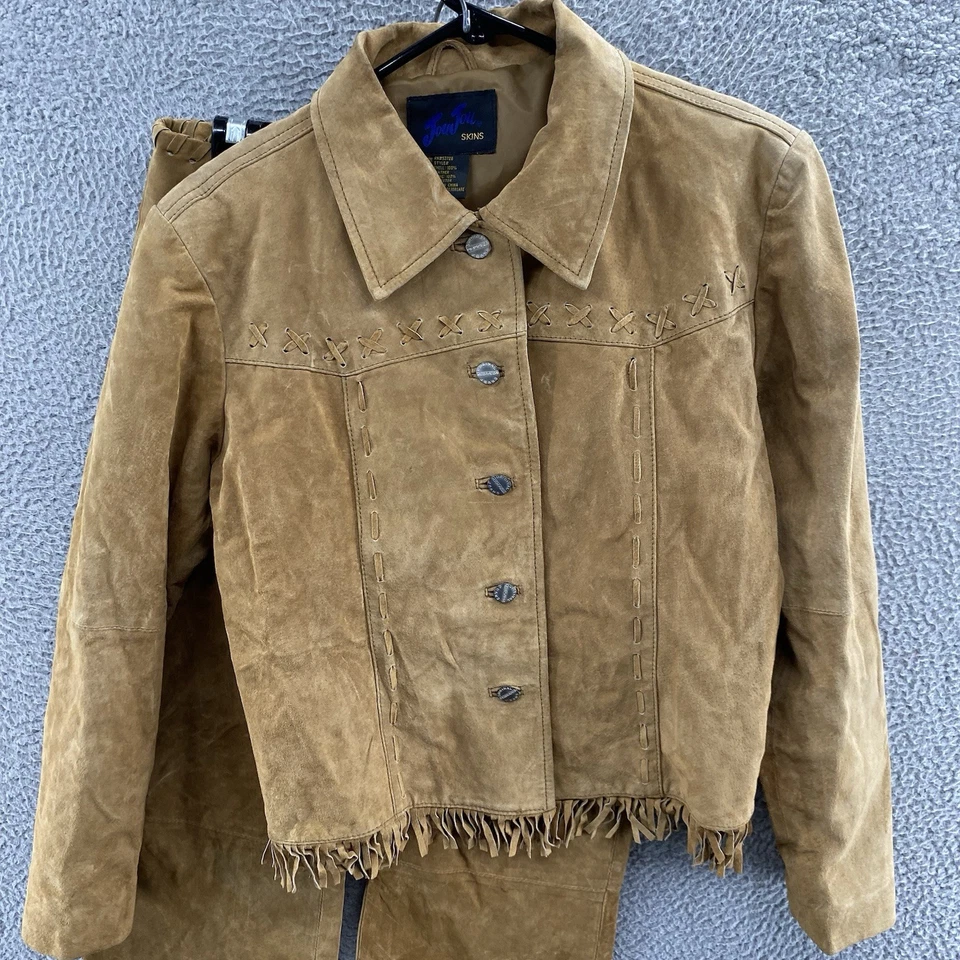 VINTAGE JouJou Jacket Pants Set Women Medium Brown Suede Leather Fringe Western - Image 2 of 4