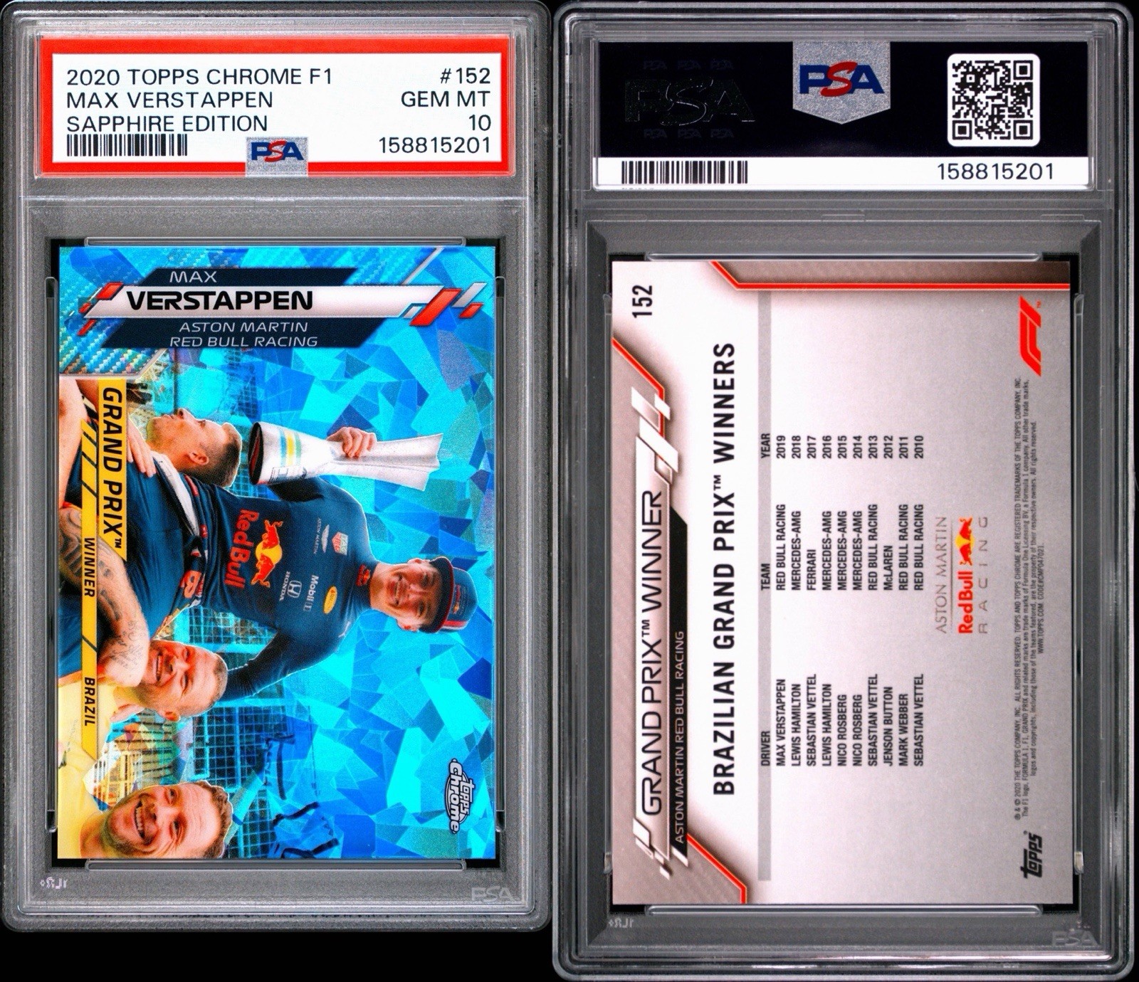 Max Verstappen 2020 Topps Chrome F1 Sapphire Edition #152 PSA 10 GEM MT RC view 6