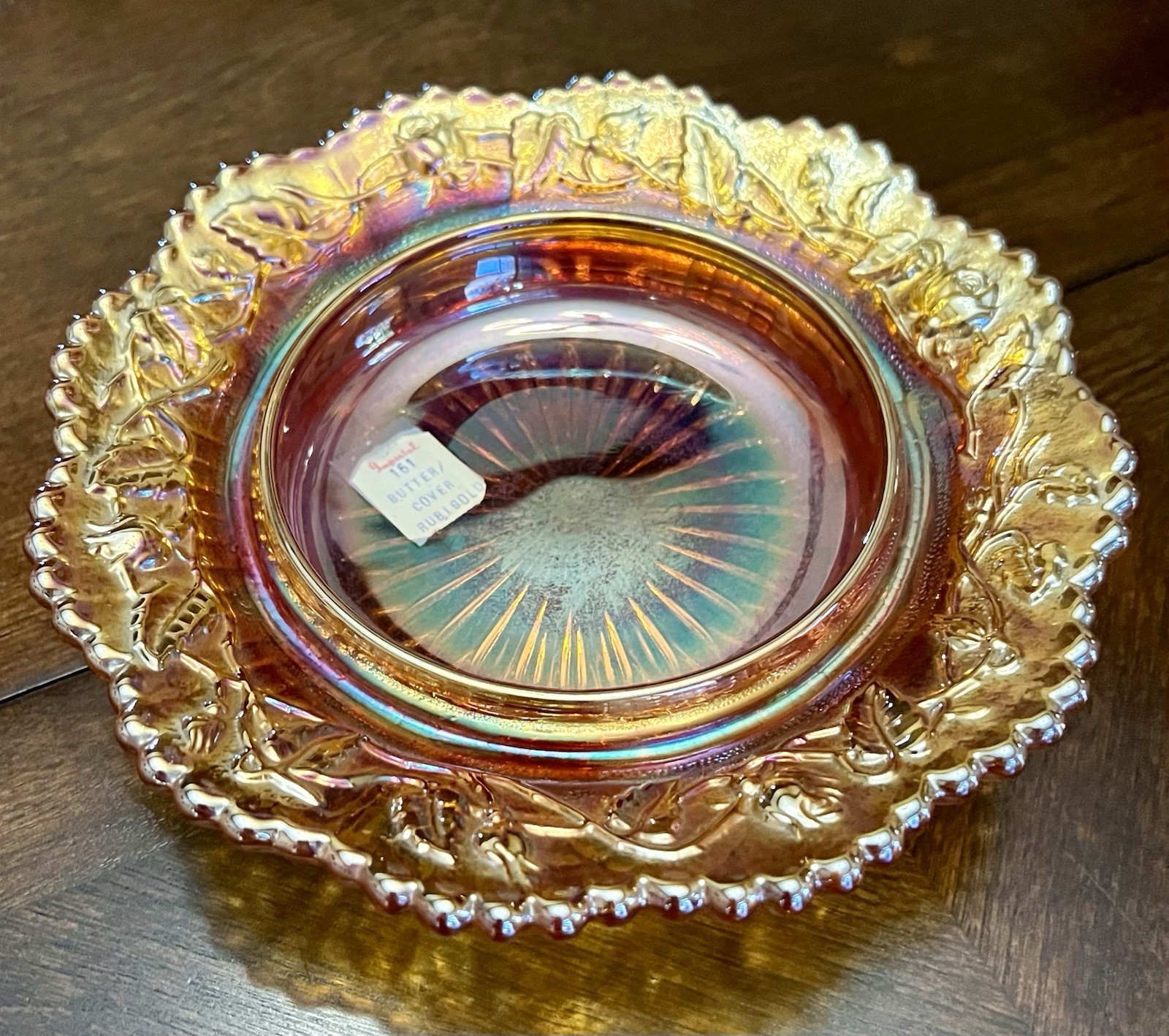 IMPERIAL CARNIVAL GLASS Round Covered Butter Dish 1910 Open Rose Marigold