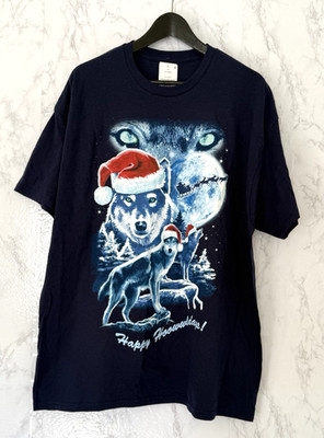 Happy Hoowwlidays! Christmas Wolves T Shirt Navy Blue Men's Size S, L, XL  Santa