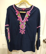 Lilly Pulitzer Coretta Navy Tunic Top Pink Embroidery L/S Women  s Size M