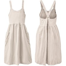 Cotton Linen Apron Cross Back Work Apron for Women with Pockets Pinafore Beige