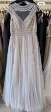 Beaded Evening Gown Champagne Silver Embellished Formal Dress Tulle Skirt
