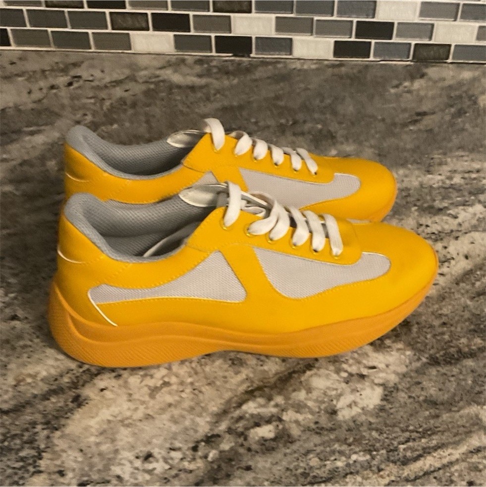 Prada Men's Yellow Gray White Low Top Lace Up Athletic Sneakers Rubber Outsole