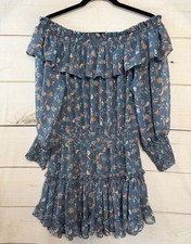 Misa Los Angeles Sz M Off Shoulder Dress Ruffles Blue Floral Print Rouched Waist