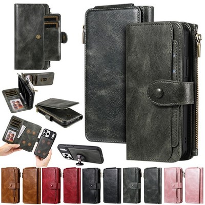 For iPhone 17 16 15 14 13 Pro 12 11 8 Zipper Leather Card Slot Wallet Flip Case