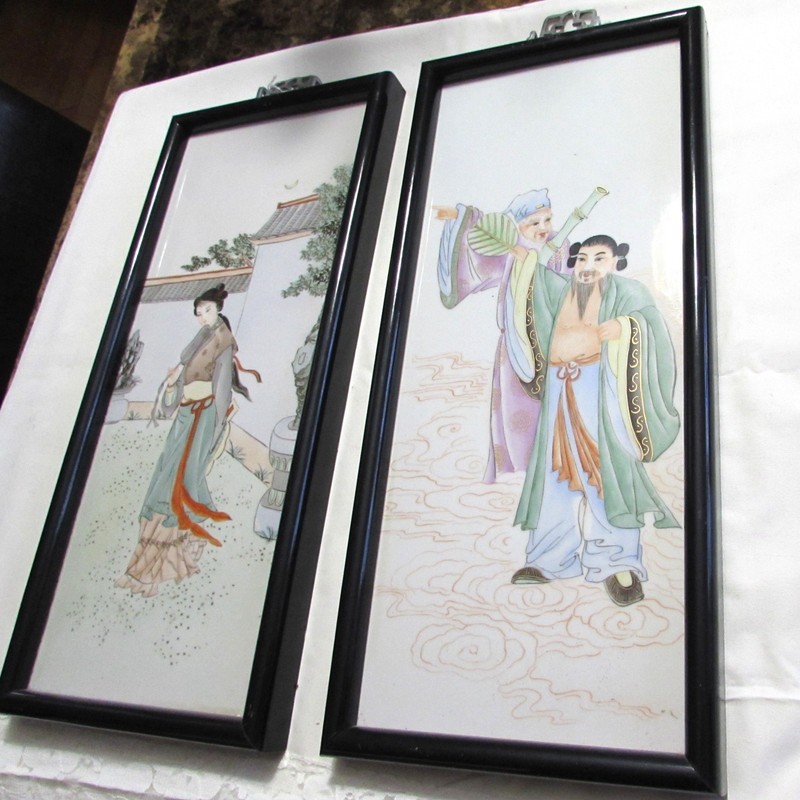 2 Beautiful Chinese DAOIST IMMORTALS Porcelain Plaques Framed With Hangers