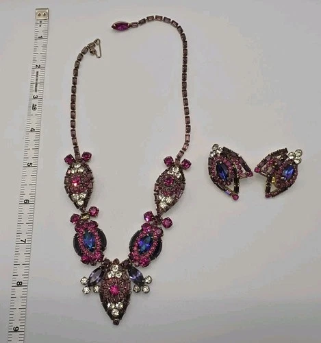 Rare Incredible Weiss Fruit Salad Art Glass Rhinestone Necklace Earrings Vintage