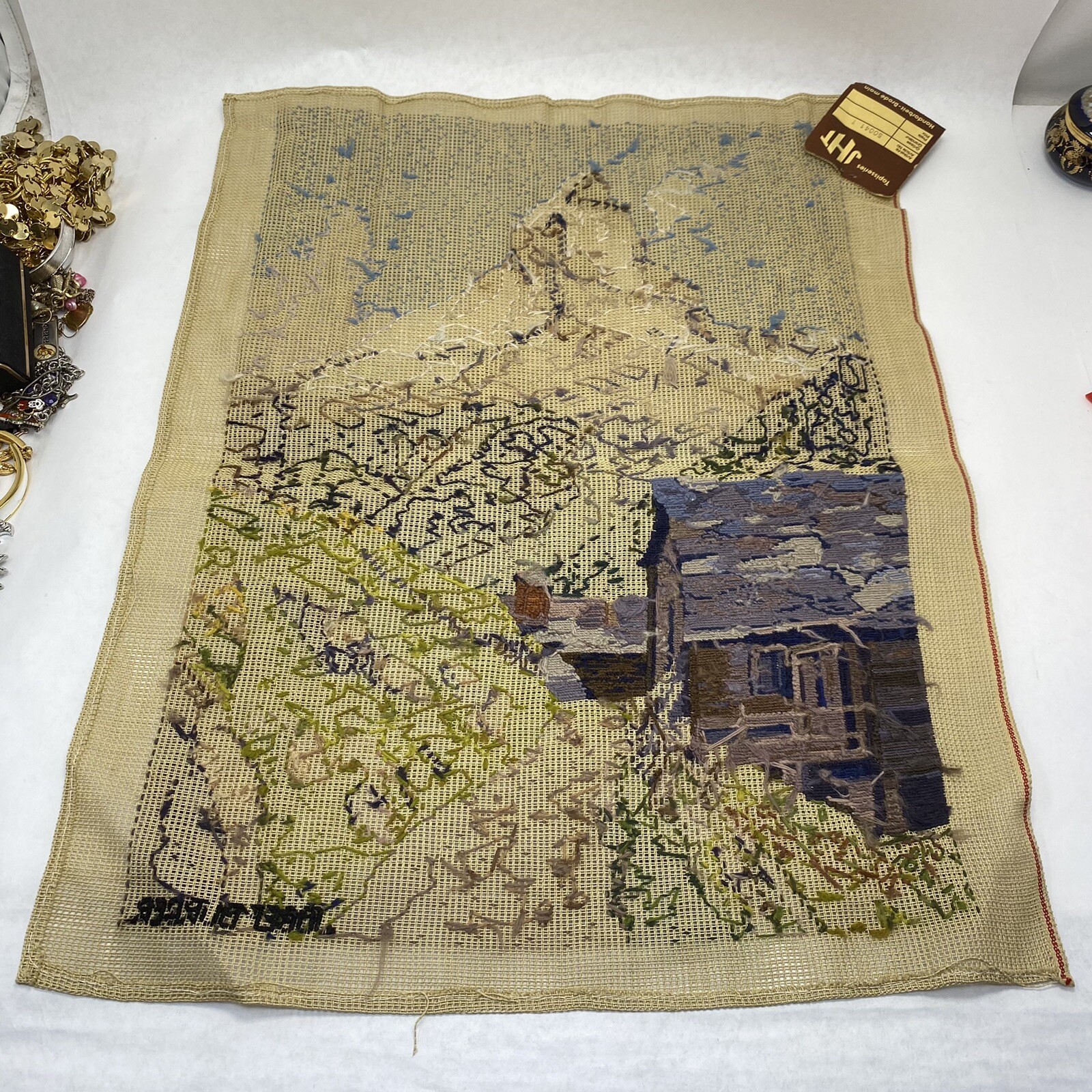 Vtg Handarbeit Tapestry VILLAGE MOUNTAIN Hand Embroidered Signed Josef Burber