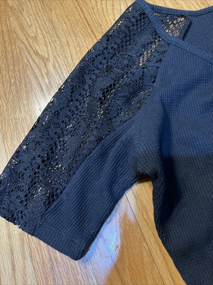 Top Bongo para mujer negro manga corta tejido gofre encaje cuello en V M Foto 2 de 4