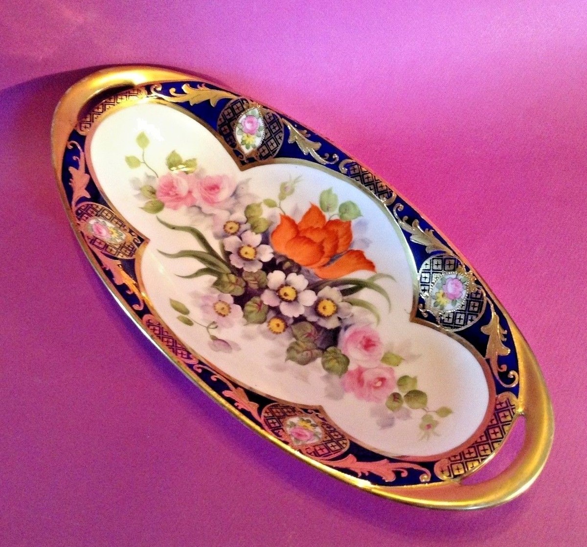 Noritake Hand Painted Celery Dish - Ornate Blue And Gold With