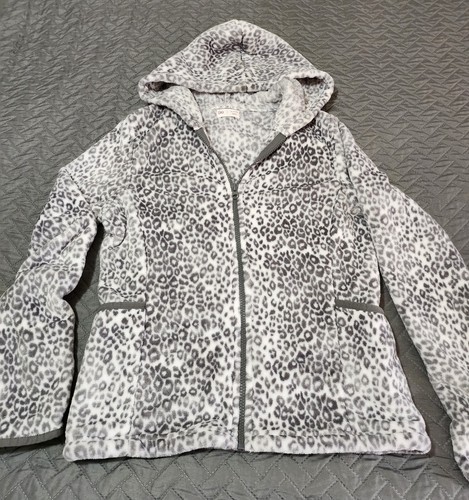 Girls Xtra Large 14-16 Very Soft Gray Leopard Print Fleece Zip Up Jacket w/Hood - Picture 3 of 8